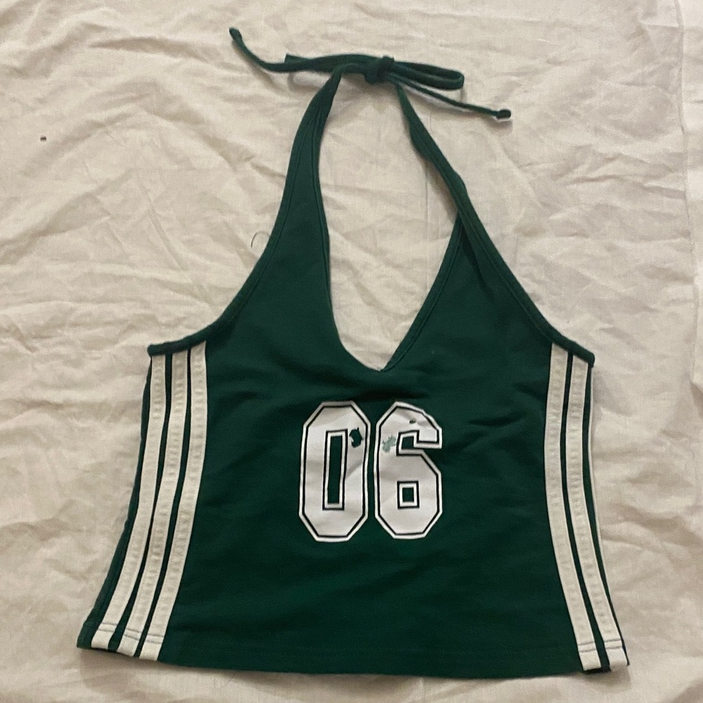 Edikted Dark Green Halter Crop Top with White Stripes
